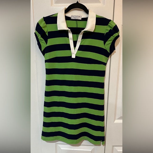 Juicy Couture long tunic top. Green/Navy stripes with white collar. Size M. - Picture 2 of 9